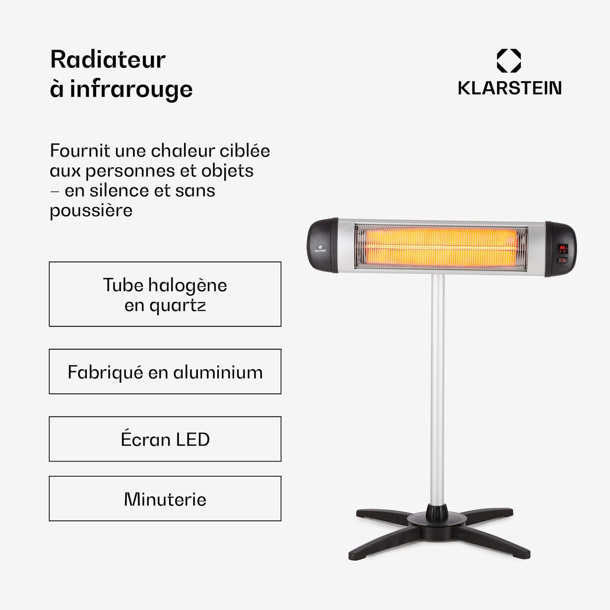 Rising Sun 2500W Chauffage Infrarouge sur Pied Argent