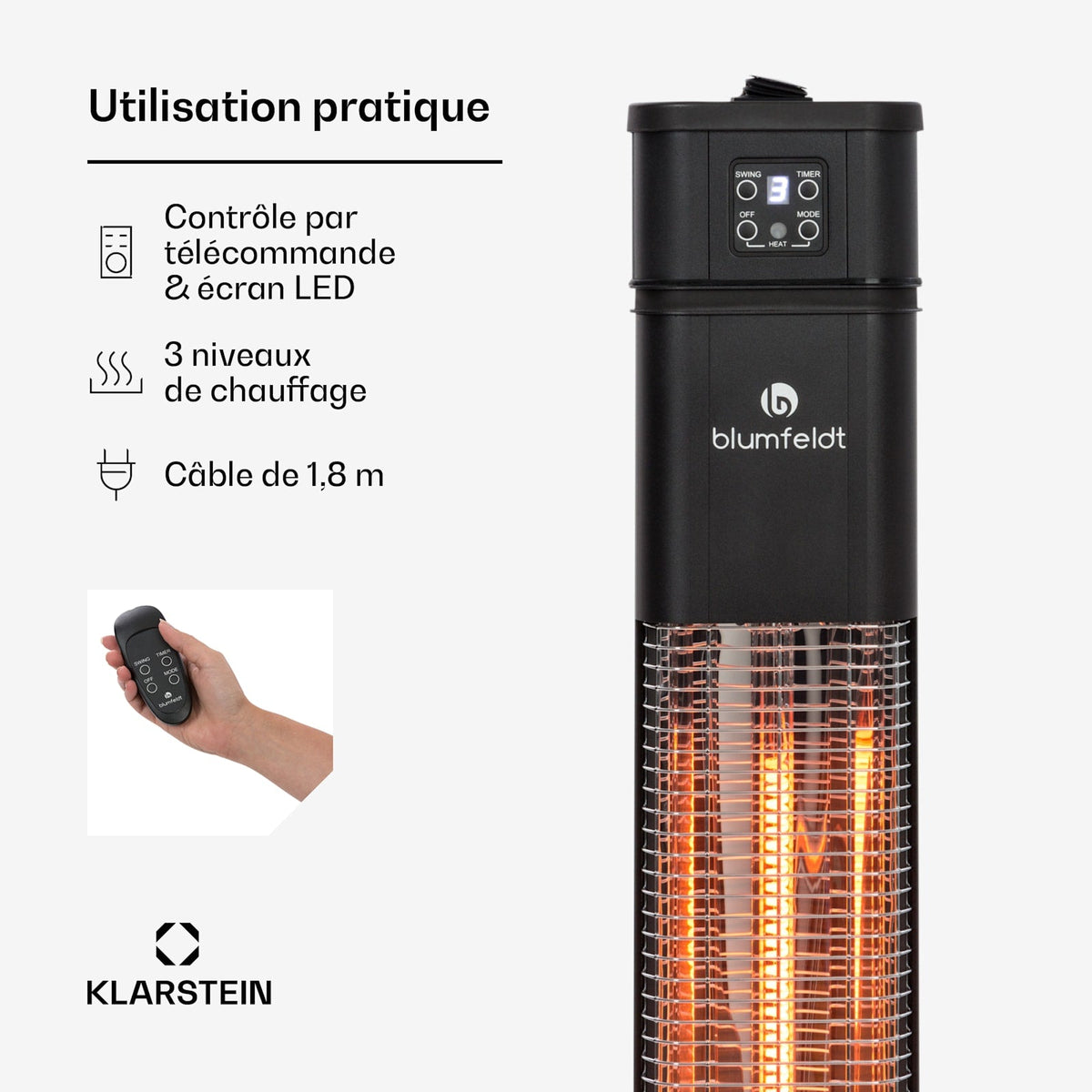 Heat Guru 2000W Chauffage Infrarouge sur Pied Noir