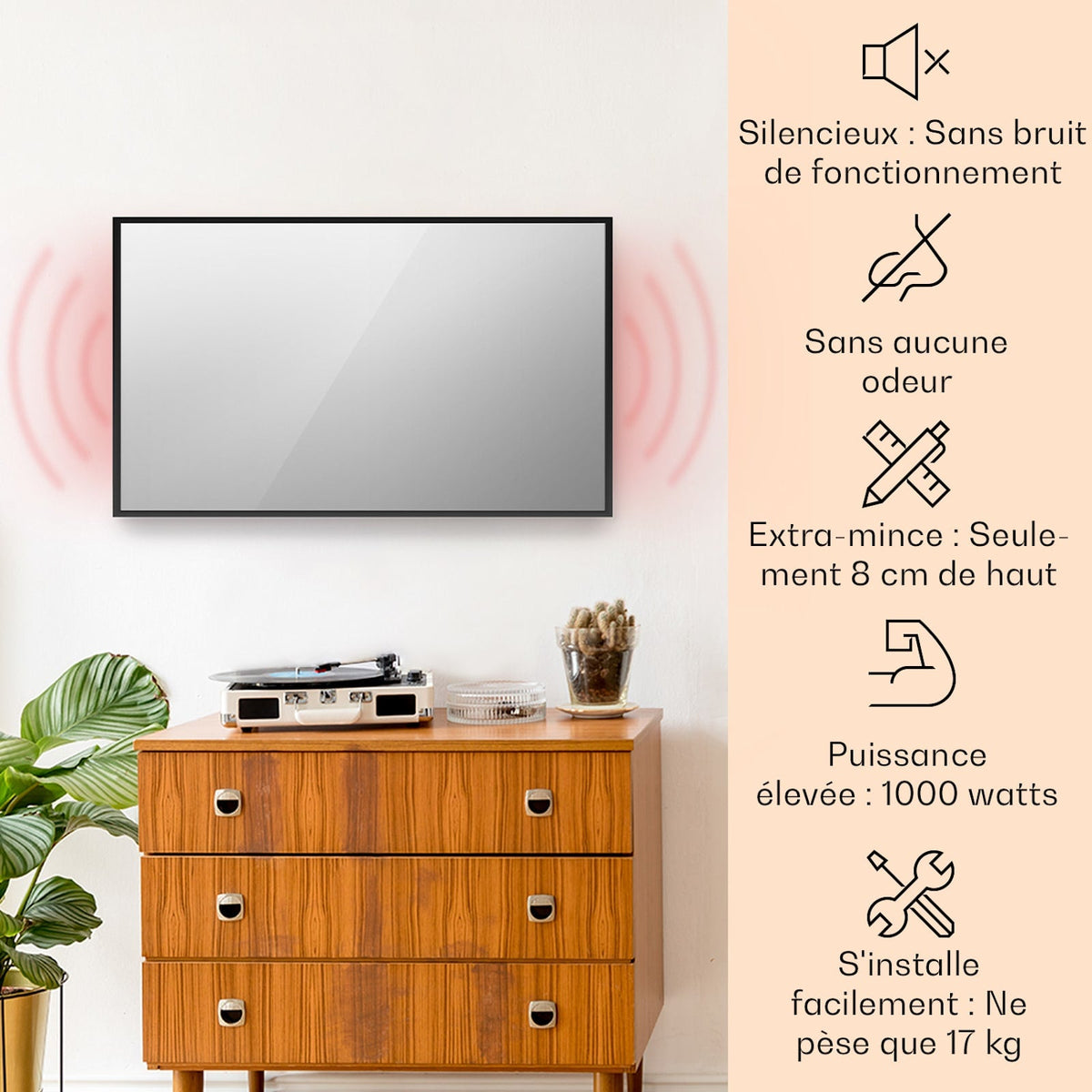 La Palma Smart 1000W 120x60cm Miroir Chauffant Infrarouge Noir