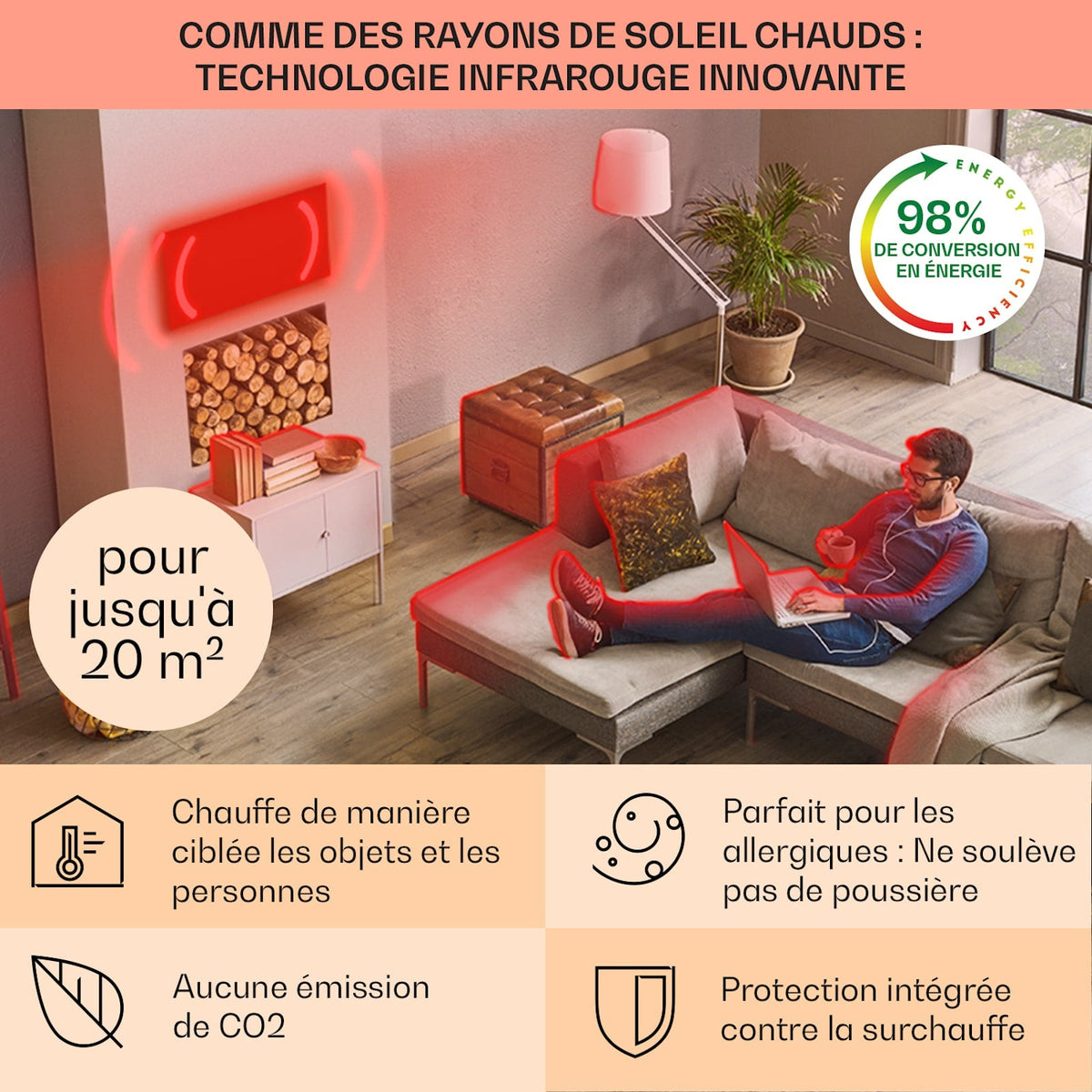 La Palma Smart 1000W 120x60cm Miroir Chauffant Infrarouge Noir