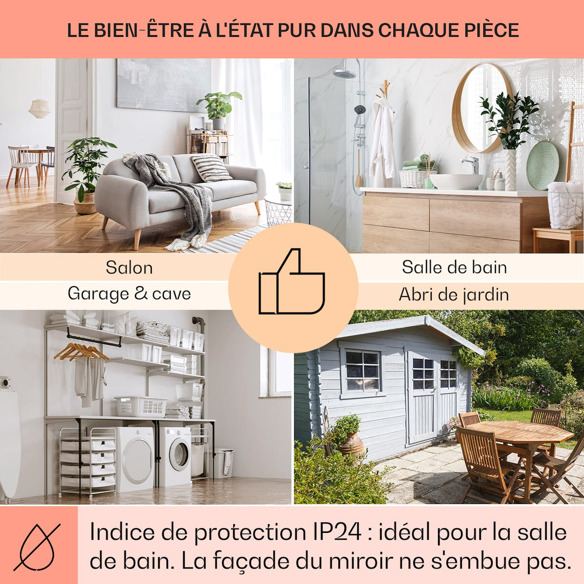 La Palma Smart 1000W 120x60cm Miroir Chauffant Infrarouge Noir