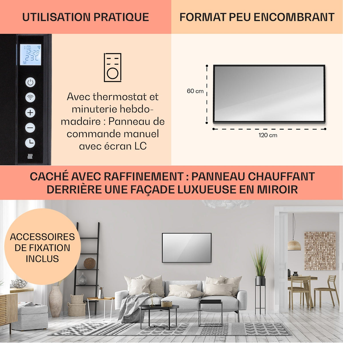 La Palma Smart 1000W 120x60cm Miroir Chauffant Infrarouge Noir