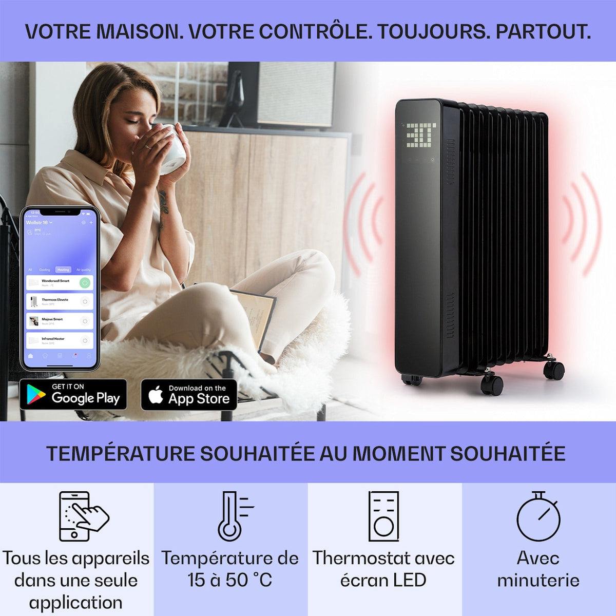 Sanford Smart 2500W Radiateur à Bain d'Huile 11 Éléments Noir