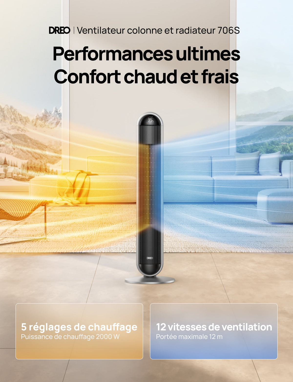 Dreo 706S - Ventilateur colonne et chauffage 2-en-1 2000 W