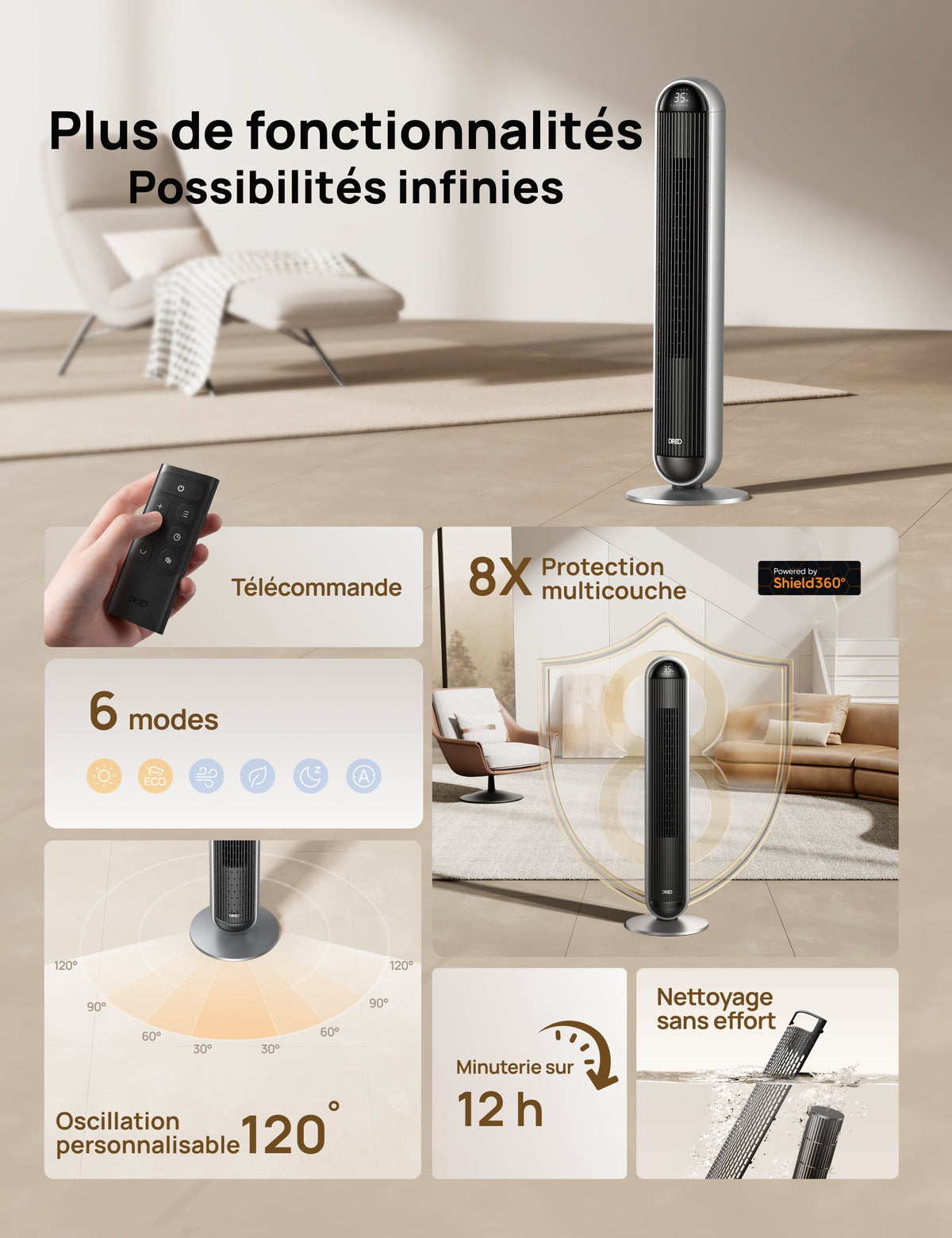 Dreo 706S - Ventilateur colonne et chauffage 2-en-1 2000 W